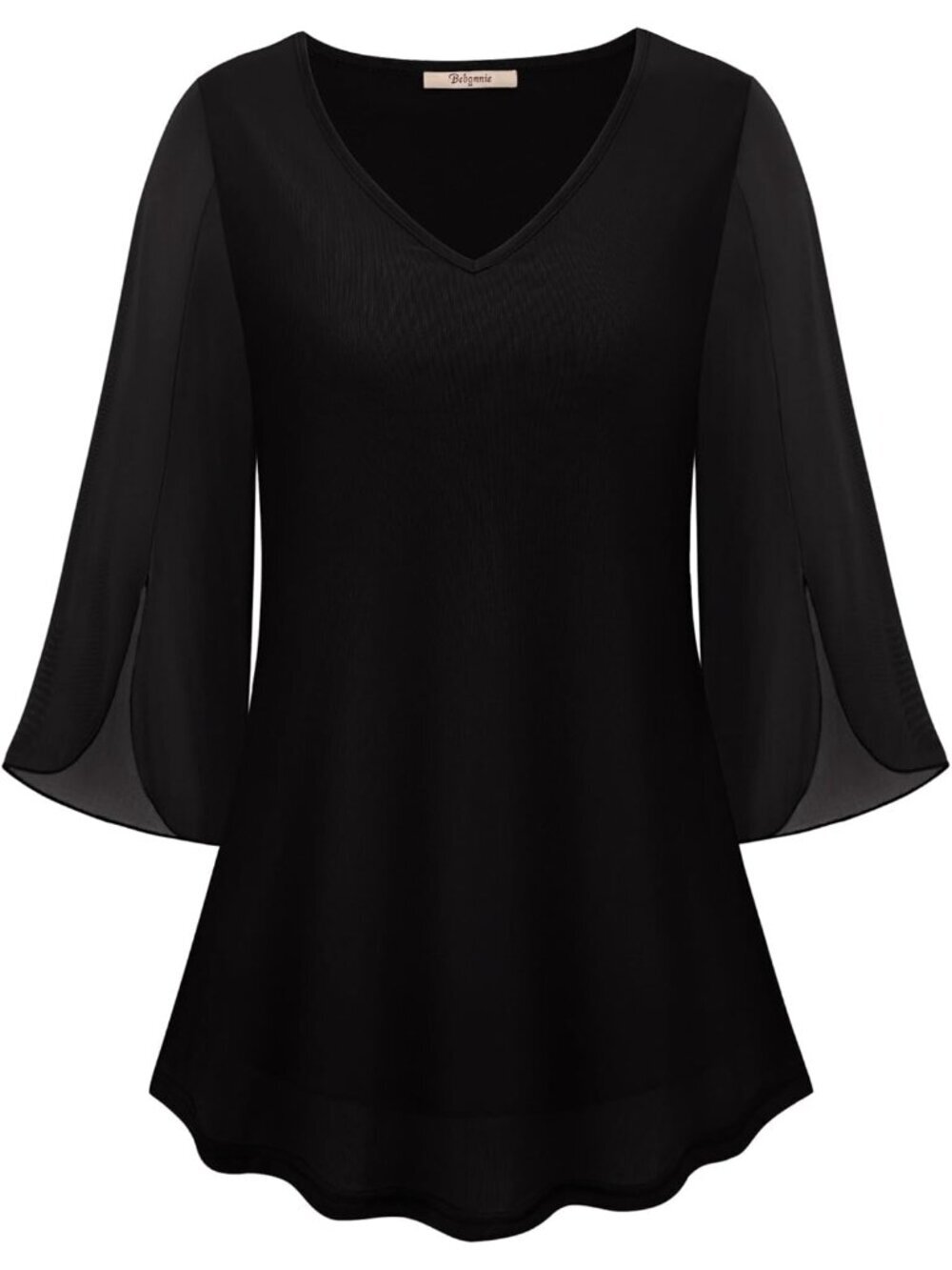 Bebonnie Women's Top Black Ruffle 3/4 Sleeves V Neck Double Layers Mesh Blouses